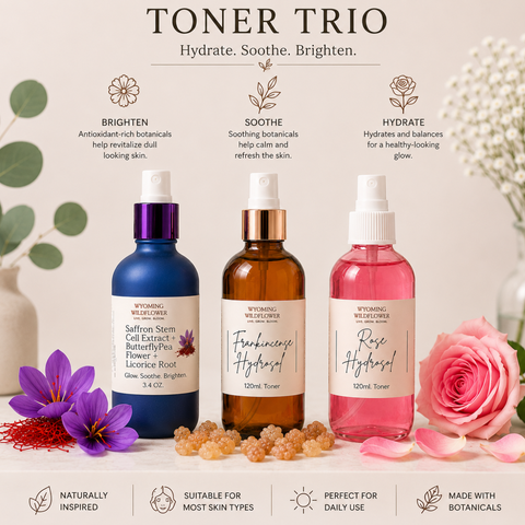 Toner Trio- Frankincense & Rose Hydrosols + Saffron Stem Cell Extract