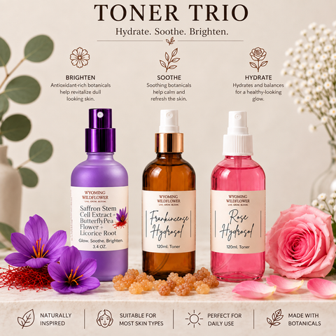 Toner Trio- Frankincense & Rose Hydrosols + Saffron Stem Cell Extract
